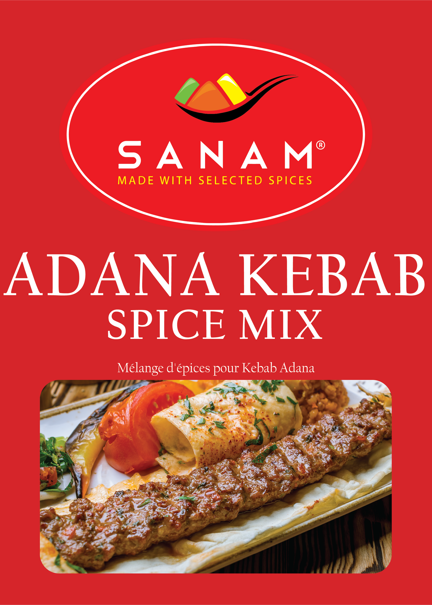 Packaging for Sanam Adana Kebab Spice Mix, showing the product name, brand logo, and an image of kebabs on the front.