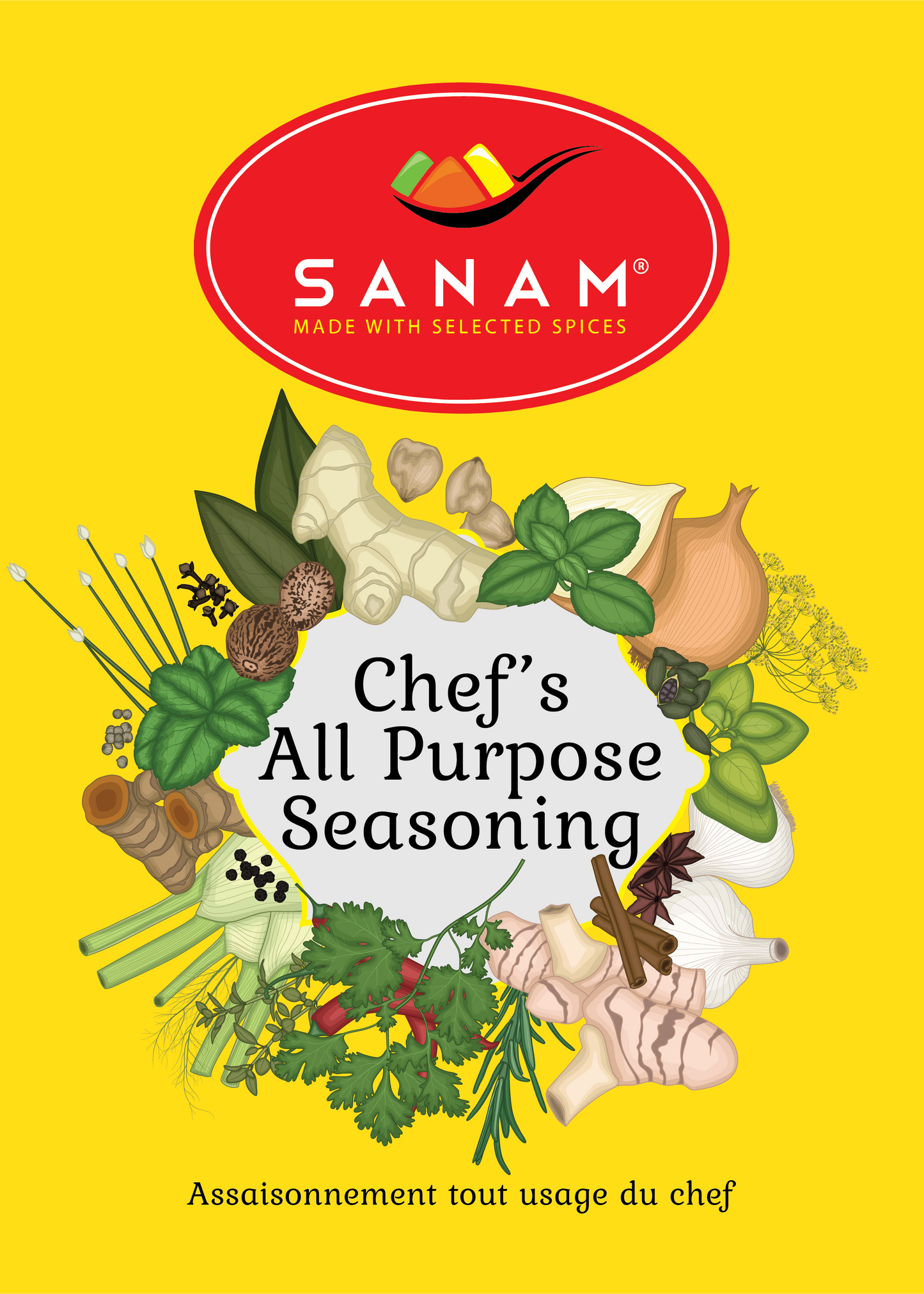 Packaging of Sanam Chef's All Purpose Seasoning, displaying the product name, brand logo, and an image of various seasonings and food items.
