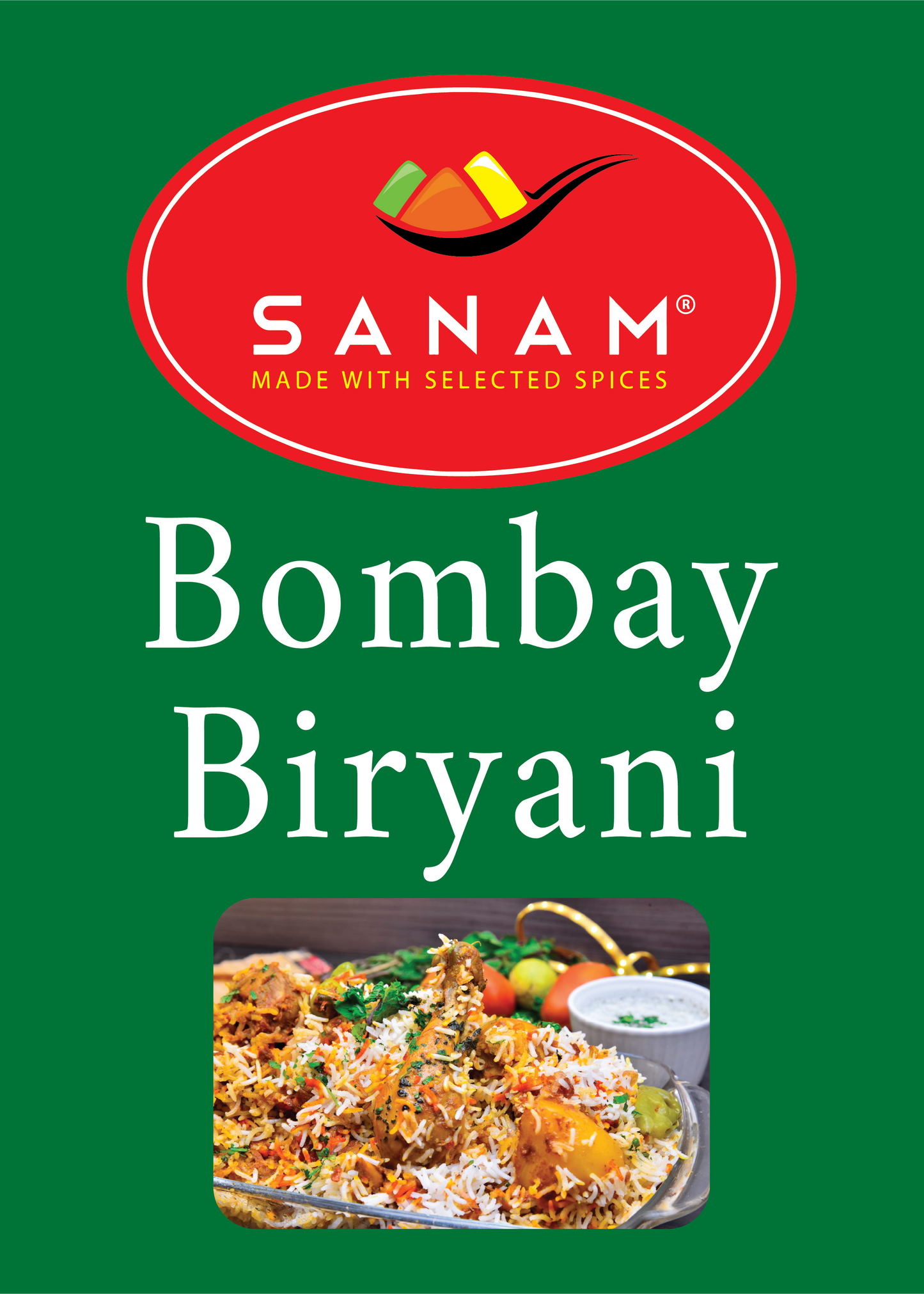 Packaging of Sanam Bombay Biryani spice mix, displaying product name, brand logo, nutritional facts, and preparation suggestions.