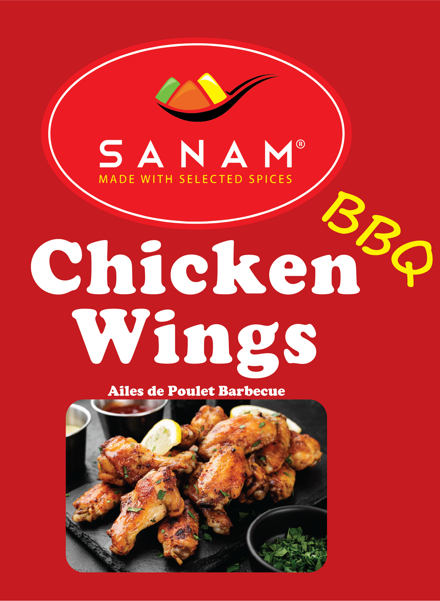 Packaging for Sanam BBQ Chicken Wings Spice Mix with a red background and an image of chicken wings. Product details and dietary information are presented on the package.