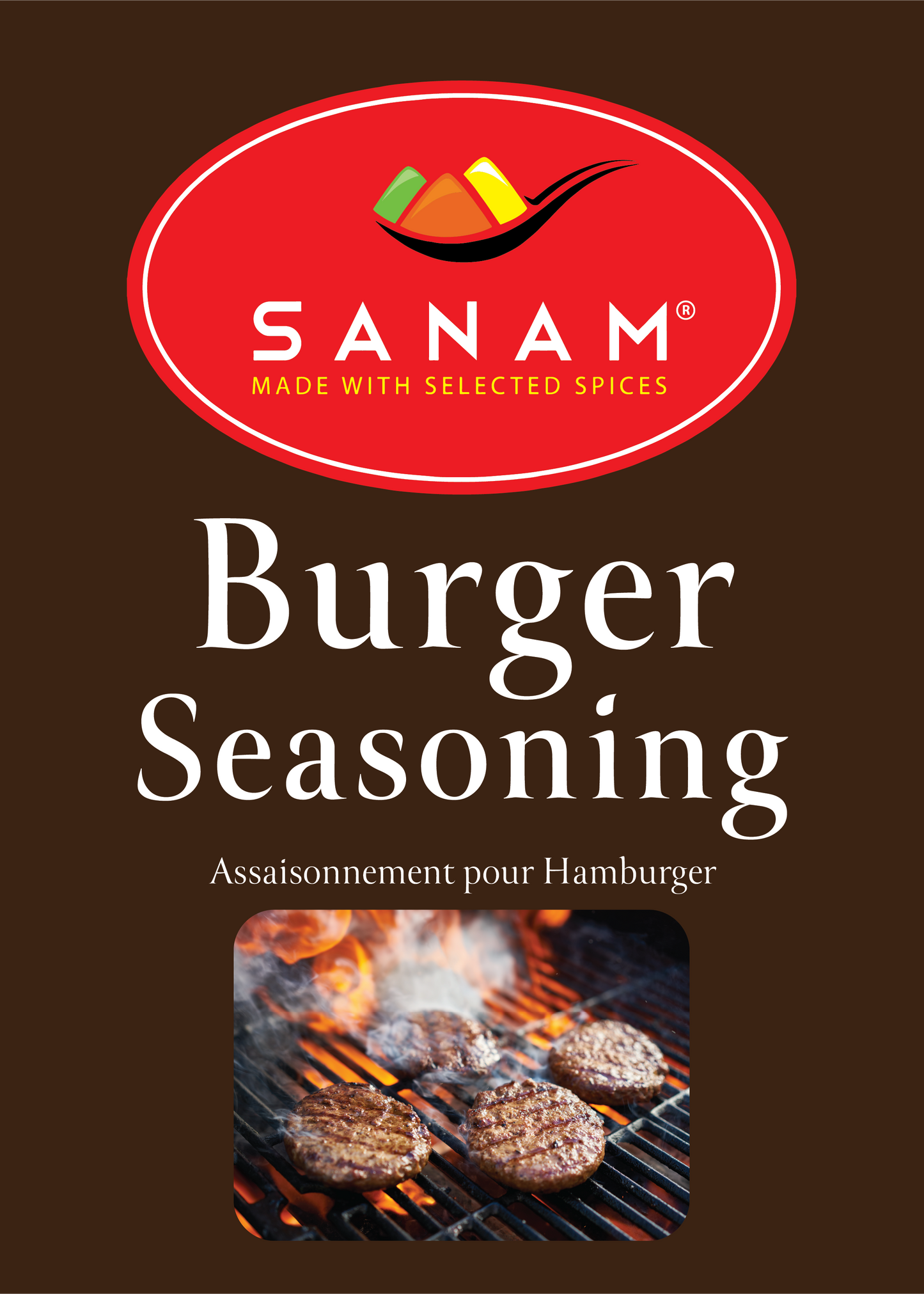 Packaging for Sanam Burger Seasoning, featuring the brand logo, product name, and an image of a grilled burger