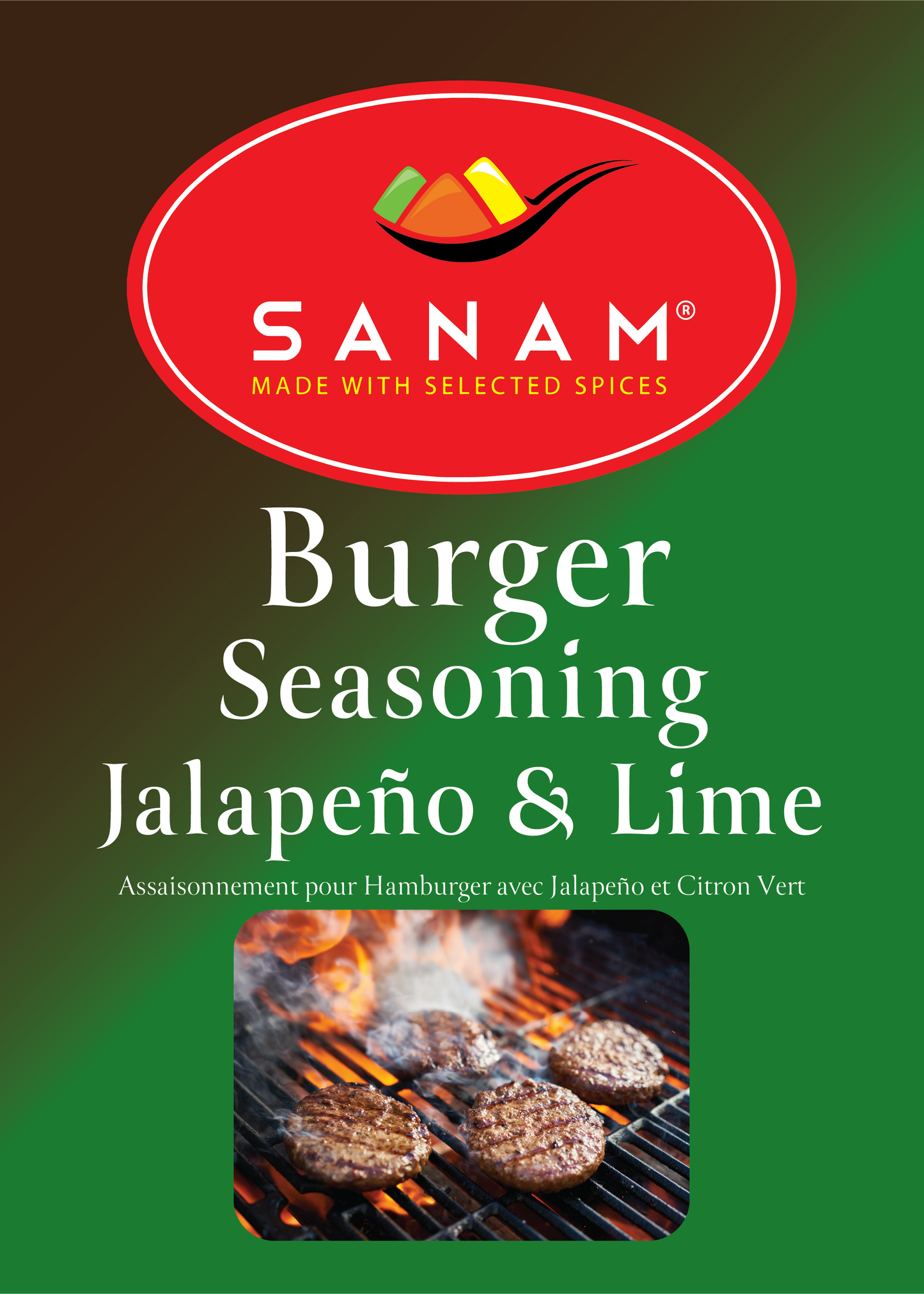 Packaging for Sanam Burger Seasoning Jalapeño & Lime, showing the product name, brand logo, and an image of seasoned burgers on the grill.