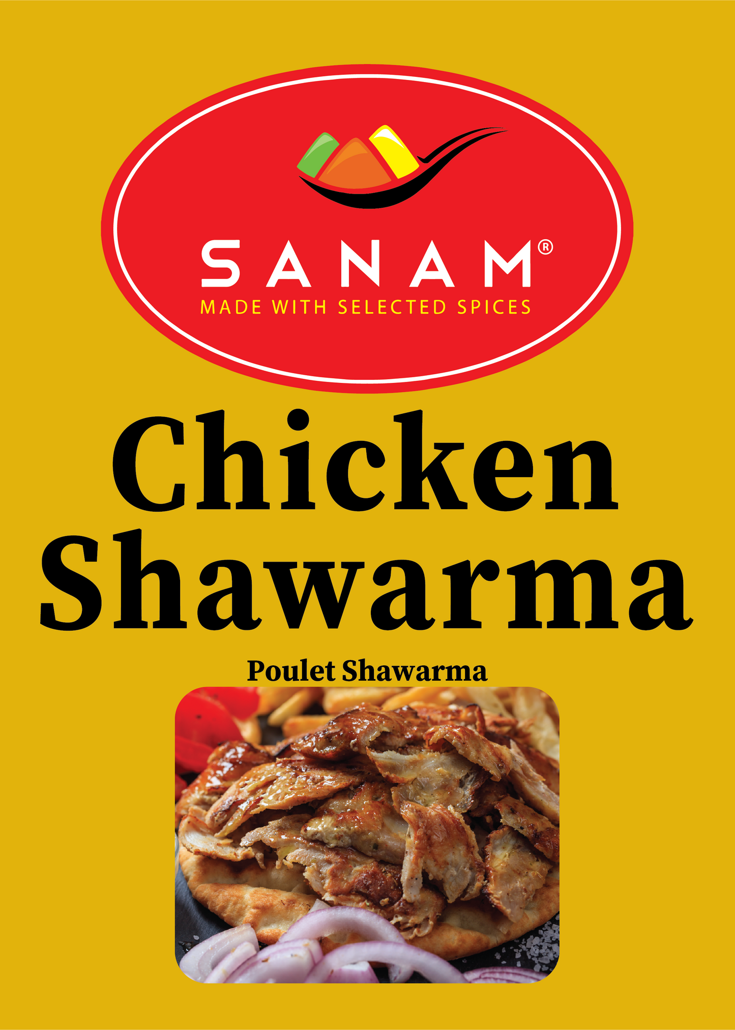 Packaging of Sanam Chicken Shawarma spice mix, showing the brand logo, product name, and an image of chicken shawarma sandwiches.