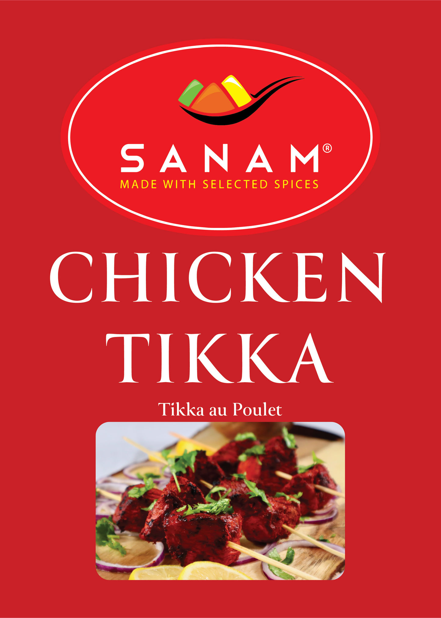 Packaging for Sanam Chicken Tikka spice mix, showing the brand logo, product name, and an image of chicken tikka masala.