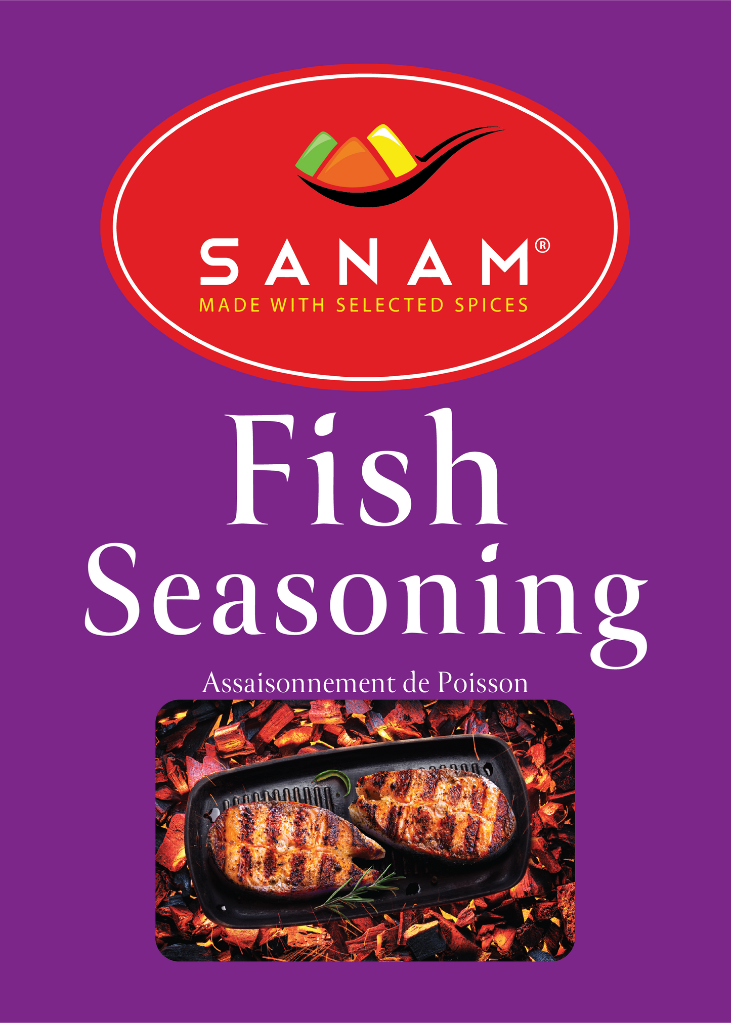 Packaging for Sanam Fish Seasoning, displaying product name, brand logo, and dietary information such as 'Halal', 'Vegan', and 'Gluten'.