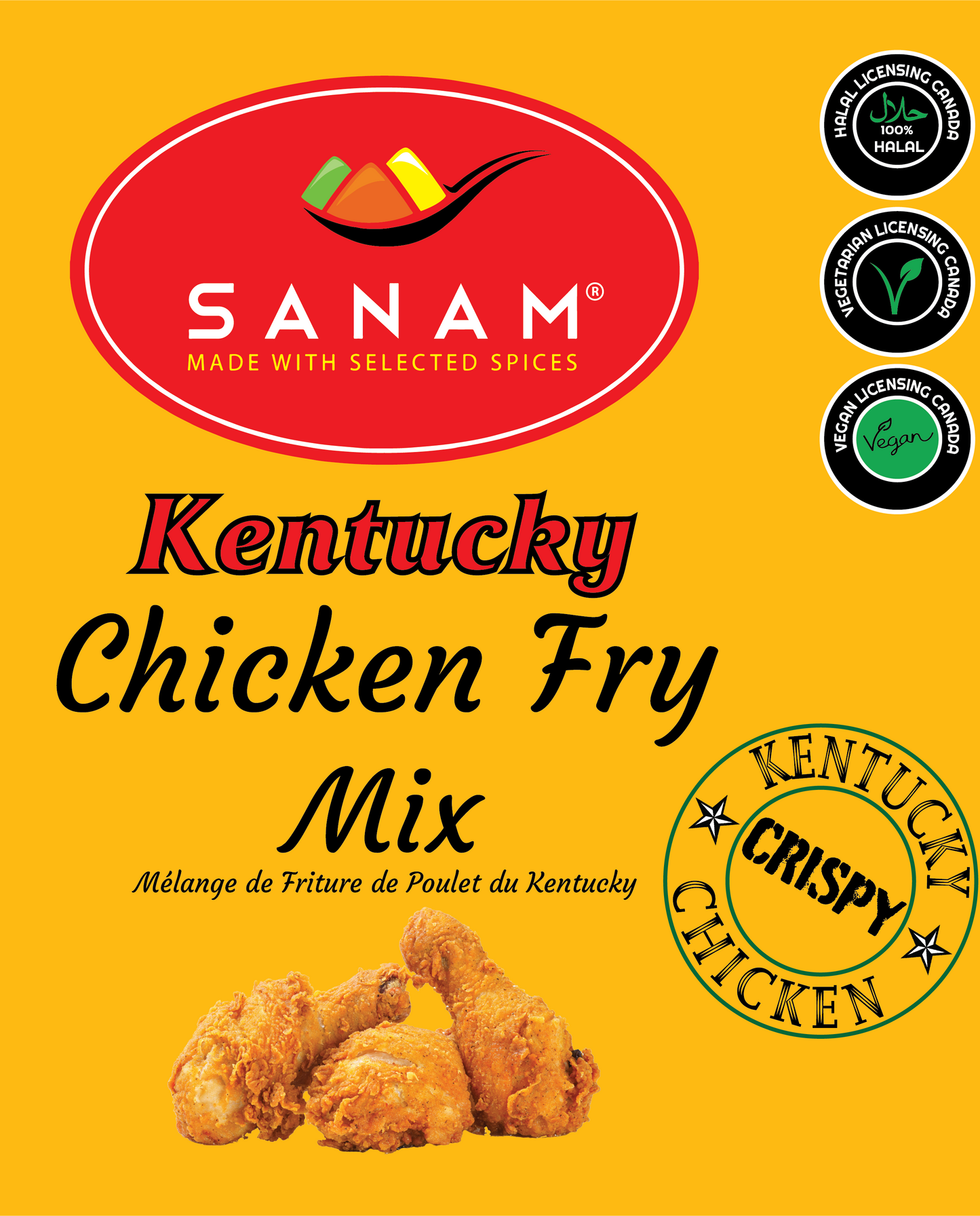 Packaging of Sanam Kentucky Chicken Fry Mix, with product information, ingredients, and branding visible.