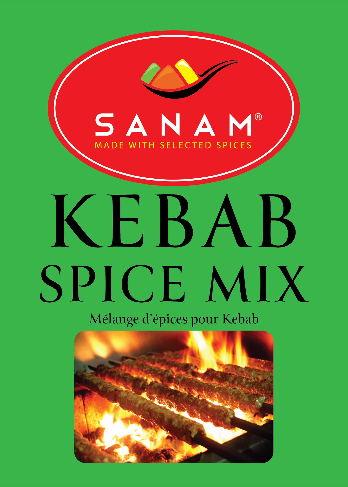 Packaging for Sanam Kebab Spice Mix, featuring product information, ingredients, and branding.