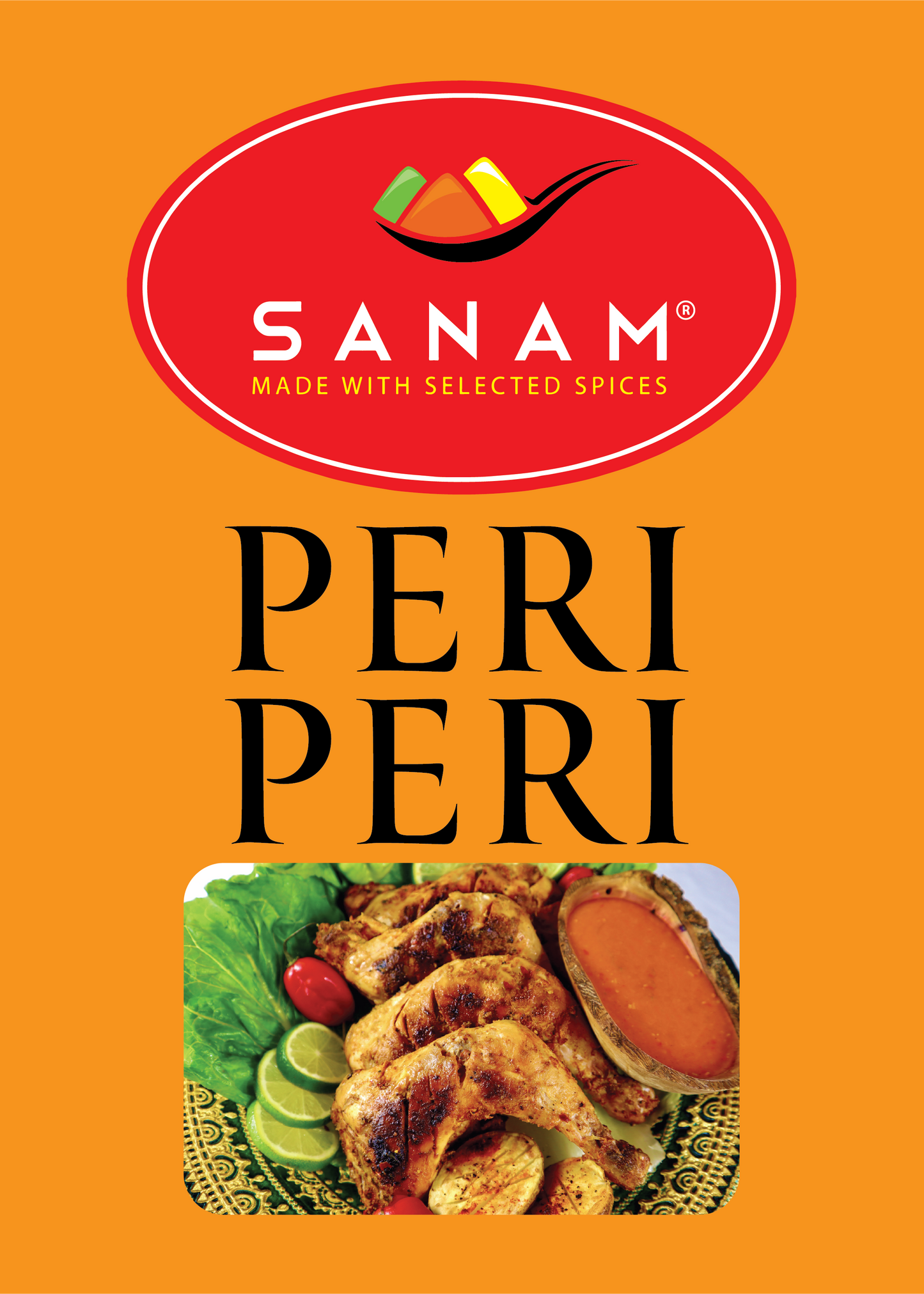 Packaging of Sanam Peri Peri spice blend, with product information and branding visible.