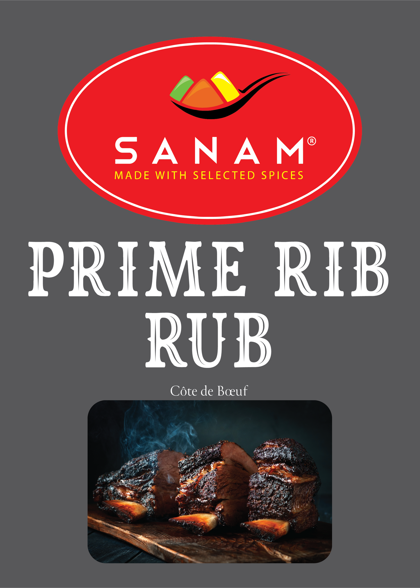 Packaging for Sanam Prime Rib Rub, displaying product name, brand logo, and dietary information such as 'Prime Rib Rub', 'Prime Rib', and 'Gluten Free'. The package also includes nutritional facts and preparation suggestions.