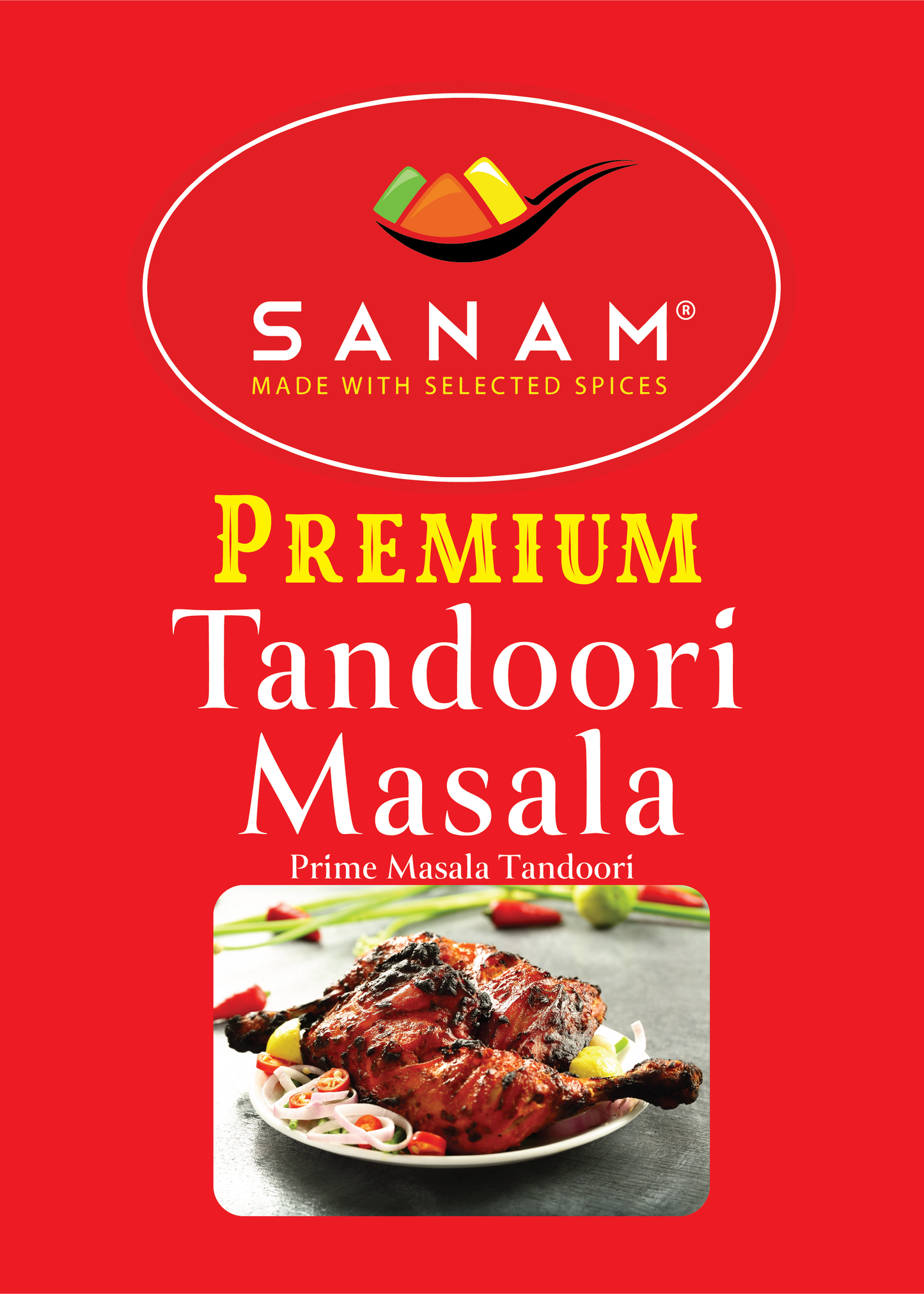 Packaging for Sanam Premium Tandoori Masala, showing the product name, brand logo, and dietary information.