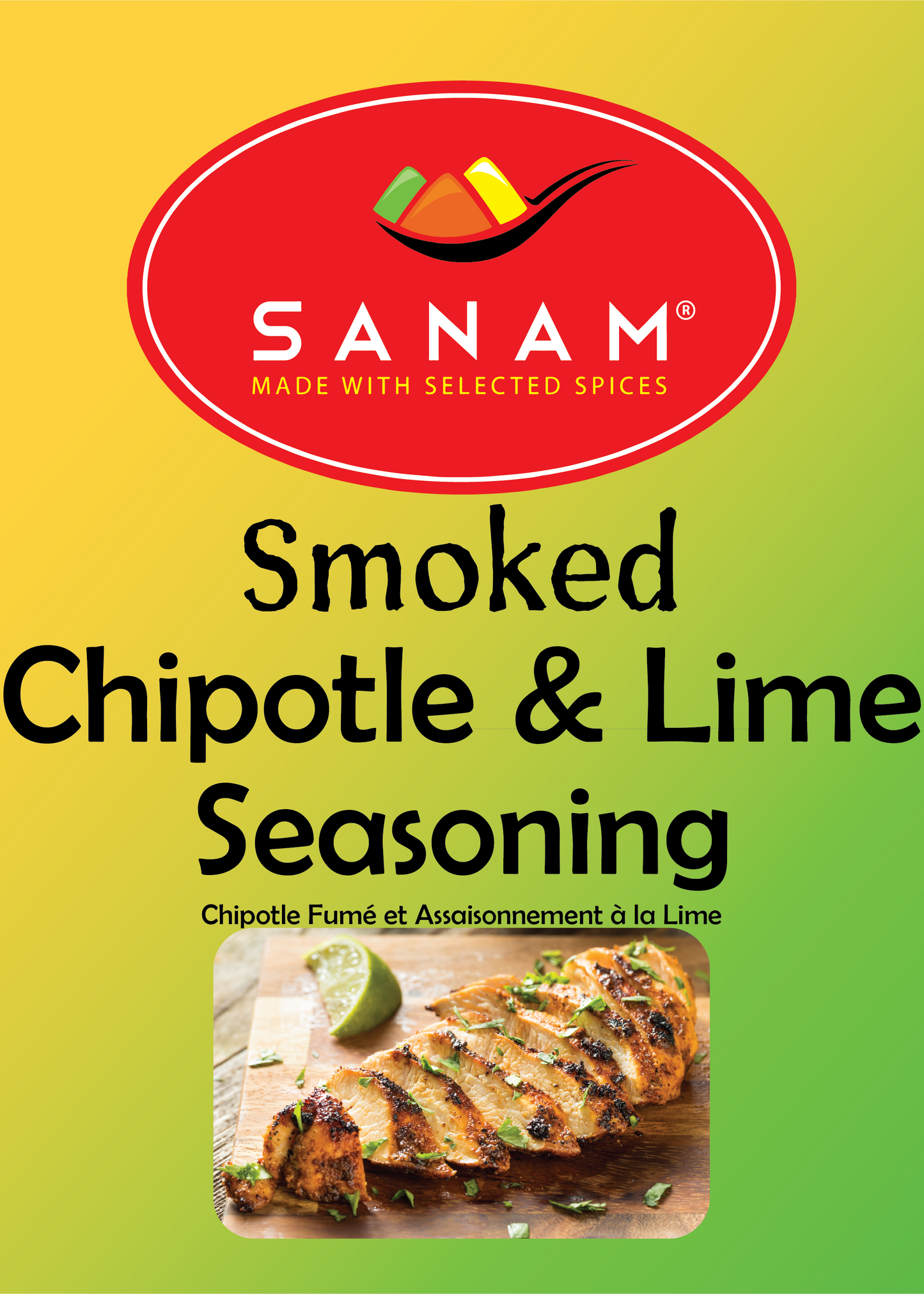 Packaging for Sanam Smoked Chipotle & Lime Seasoning, displaying the brand logo, product name, and additional information such as nutritional facts, preparation suggestions, and brand approvals (Halal, Vegetarian, Vegan).