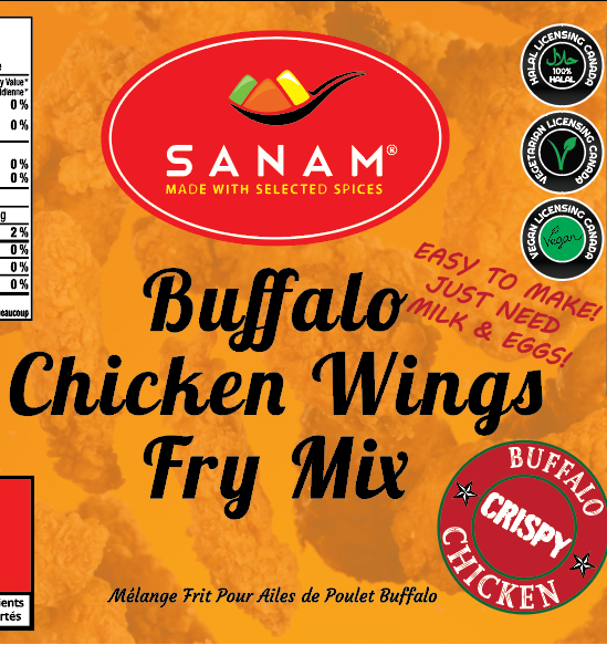Packaging for Sanam Buffalo Chicken Wings Mix, showing the product name, brand logo, and an image of chicken wings.