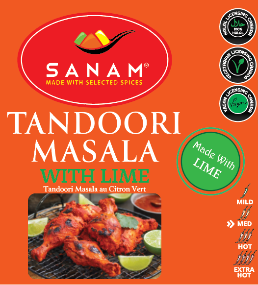 Packaging of Sanam Tandoori Masala with Lime, featuring the product name, brand logo, and an image of tandoori chicken.