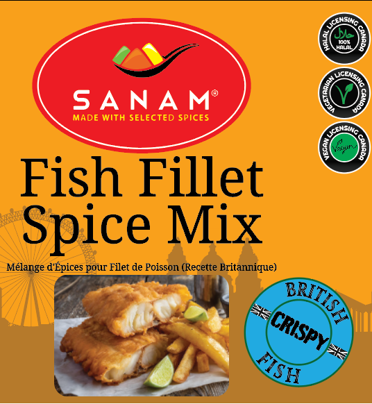 Packaging for Sanam Fish Fillet Spice Mix, showing the product name, brand logo, and an image of a fish fillet with the spice mix ingredients listed.