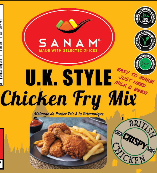 Packaging for Sanam UK Style Chicken Fry Mix, showing the product name, brand logo, and additional product details such as weight, preparation instructions, and dietary icons.