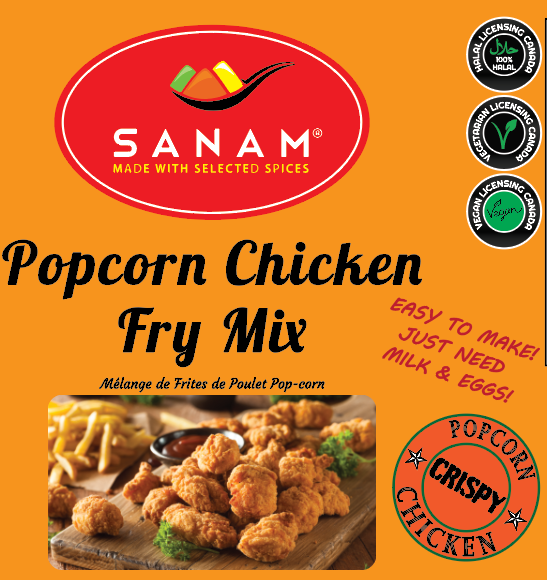 Packaging of SANAM Popcorn Chicken Fry Mix, showing the product name, brand logo, and an image of prepared popcorn chicken.