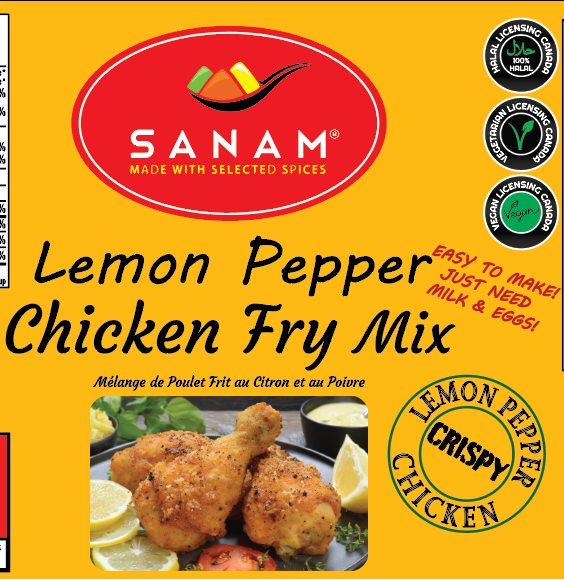 Packaging of Sanam Lemon Pepper Chicken Fry Mix, showing the product name, brand logo, and additional information such as nutritional facts, preparation instructions, and certifications.