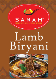 Sanam Lamb Biryani food product label with branding and images.