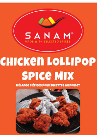 Sanam Chicken Lollipop Spice Mix packaging with branding and product image on an orange background