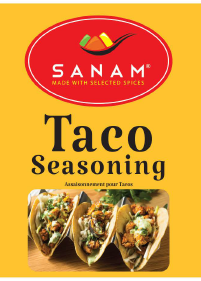 Sanam Taco Seasoning label with ingredients and nutritional information on a yellow background