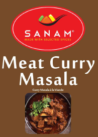Sanam Meat Curry Masala label with ingredients and nutritional information.