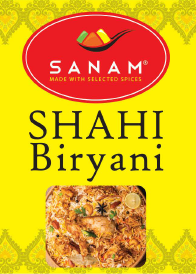 Sanam Shahi Biryani spice mix label with nutritional information and ingredients list.