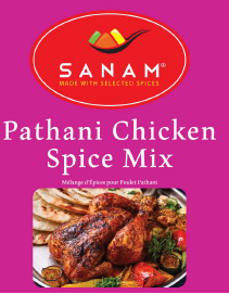 Sanam Pathani Chicken Spice Mix label with chicken dish and branding details.
