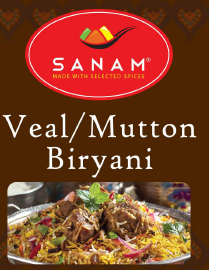 Sanam Veal/Mutton Biryani label with food image and branding details.