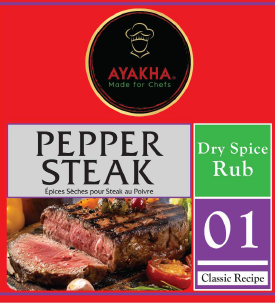 Ayakha Pepper Steak Dry Spice Rub label with beef image and text.
