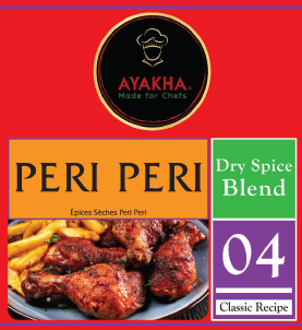 Ayakha Peri Peri Dry Spice Blend packaging with text and images on a red background