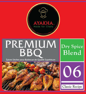 Ayakha Premium BBQ Dry Spice Blend label with images of grilled food and text.