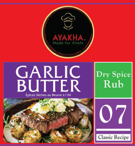 Ayakha Garlic Butter Dry Spice Rub packaging with text and images on a red background