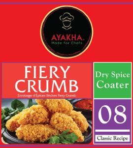 Ayakha Fiery Crumb spice coater packaging with branding and product details.