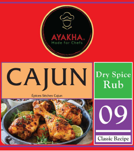 Ayakha Cajun Dry Spice Rub packaging with chicken dish and product details.
