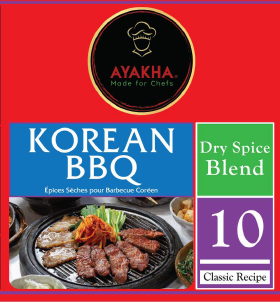 Ayakha Korean BBQ dry spice blend label with product image and text.
