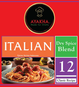 Ayakha Italian Dry Spice Blend packaging with product image and text.