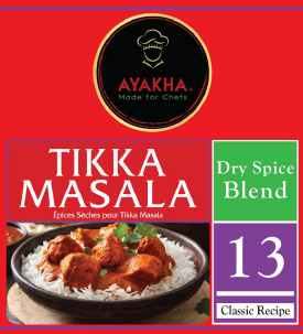 Ayakha Tikka Masala spice blend label with product image and text.