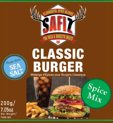 SAFIZ Classic Burger Spice Mix label with branding and product information.