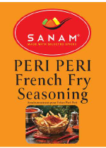 Sanam Peri Peri French Fry Seasoning packaging with branding and product details.