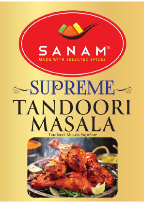 Sanam Supreme Tandoori Masala spice mix label with branding and product image.