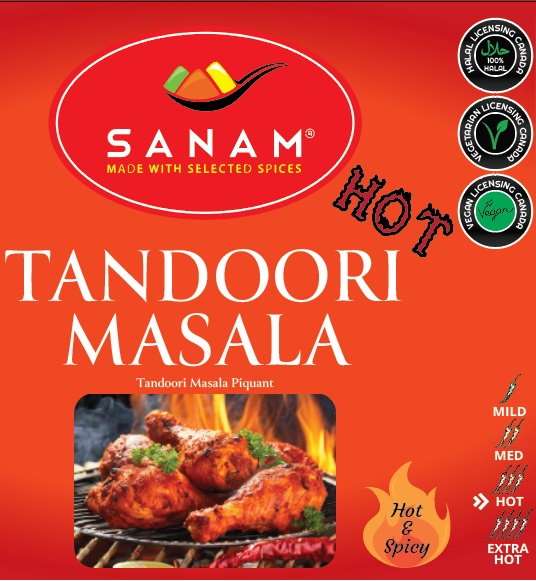 Packaging of Sanam Tandoori Masala Hot, showing the product name, brand logo, and additional product information such as weight, certifications, and preparation suggestions.
